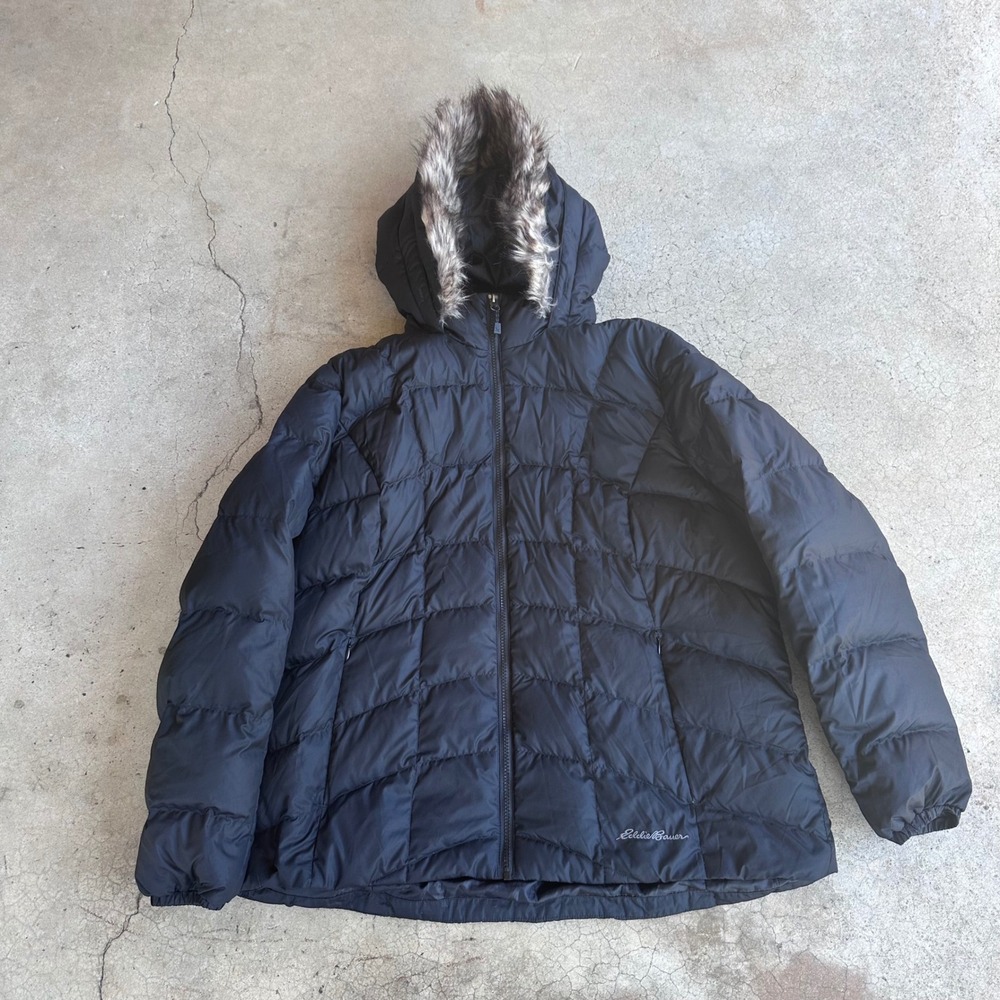 Eddie Bauer Puffer Jacket Womens XL Black Good Faux Fur Hood Down Insulated